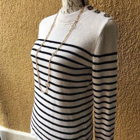 GAP Black & Cream Striped Long Sleeve Sweater Top & New Necklace, M - Picture 2 of 12